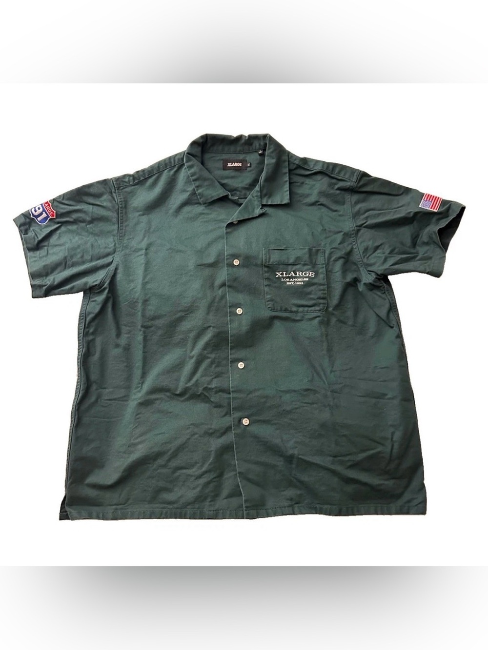 XLARGE Old Pick Up Truck Work Over Shirt Green Embroidered S/S VTG-Style Y2K